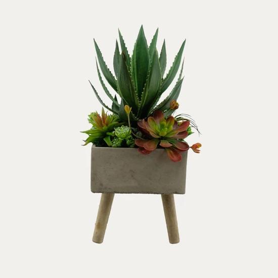 Artificial Assorted Succulent Arrangement with Aloe - 0.45m - Pot Grey - Green Variegated