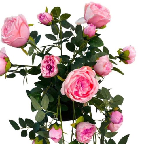 Artificial Cascading Rose Bush (One-Side) - 0.4m - Pot Black and Brown - Pink