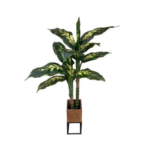 Artificial Dieffenbachia Plant (Broad-leaf) - Brown Wooden Square Pot with Black Metal Stand by masons home decor singapore