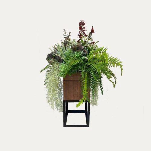 Artificial Mix Fern Arrangement - Brown Wooden Box atop Black Metal Frame 1 by masons home decor singapore