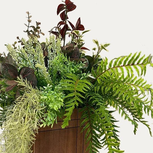 Artificial Mix Fern Arrangement - Brown Wooden Box atop Black Metal Frame 2 by masons home decor singapore