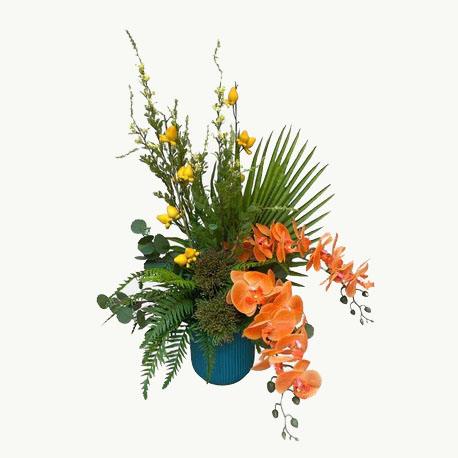 Artificial Phalaenopsis Orchid Arrangement with Solanum Mammosum - Orange - Teal Textured Ceramic Pot by masons home decor singapore