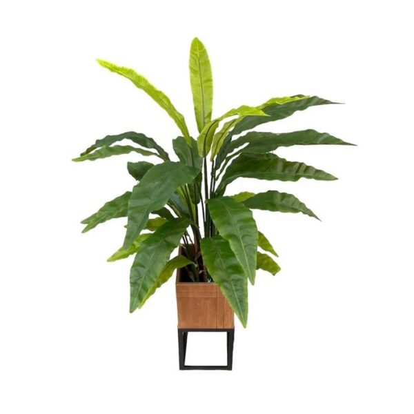 Artificial Potted Bird's Nest Fern - Brown Wooden Square Pot with Metal Stand by masons home decor singapore