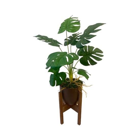 Artificial Potted Monstera - Brown Metal Pot with Wooden Stand by masons home decor singapore