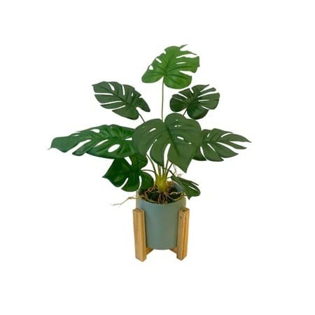 Artificial Potted Monstera - Green Ceramic Pot with Wooden Stand by masons home decor singapore