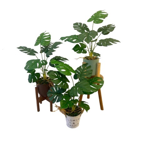 Artificial Potted Monstera (Set of 3) - Zinc Pot - Green Pot with Wooden Stand & Brown Metal Pot with Wooden Stand by masons home decor singapore