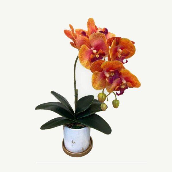 Artificial Single-Stalk Phalaenopsis Orchid - Orange - Round Marble-Design Pot with Gold plate by masons home decor singapore