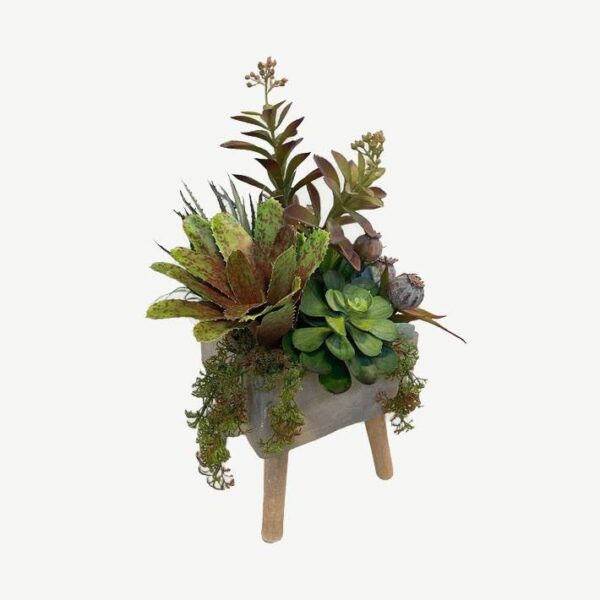 Artificial Succulent Arrangement - Grey Cement Pot with Wooden Legs by masons home decor singapore