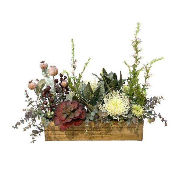 Artificial Succulent and Foliage Arrangement - Long Wooden Planter by masons home decor singapore